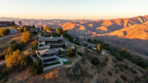 Panoramic aerial view of Calabasas hillside homes with canyon vistas, modern luxury estate architecture visible among oak trees and rolling terrain, golden hour lighting