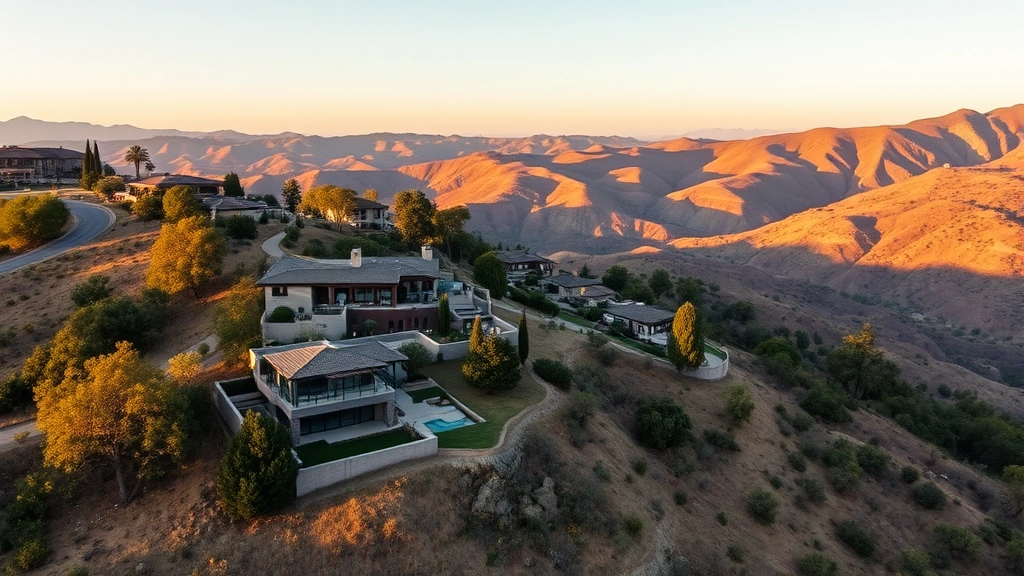 Panoramic aerial view of Calabasas hillside homes with canyon vistas, modern luxury estate architecture visible among oak trees and rolling terrain, golden hour lighting