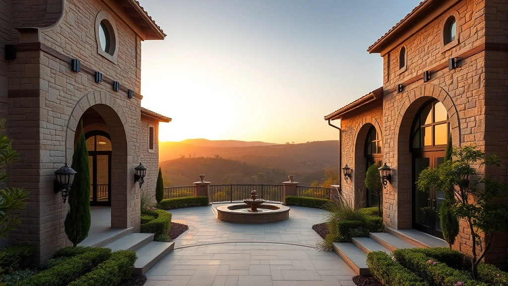Luxurious modern Mediterranean estate with stone architecture, arched entryways, and manicured gardens overlooking hillside Calabasas landscape at golden hour