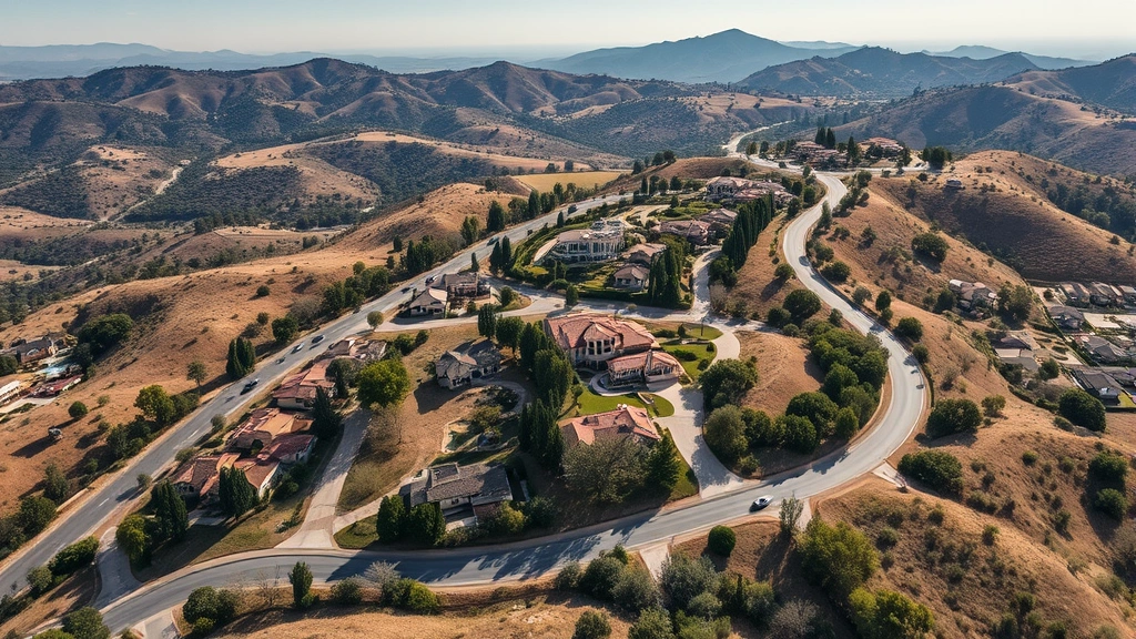 Aerial view of sprawling Calabasas residential neighborhood with large estates on hillsides, oak trees, and winding roads between mansions