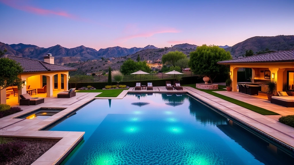 Resort-style backyard of luxury Calabasas property featuring infinity pool, manicured landscape, outdoor entertaining space, mountains and canyon views in background