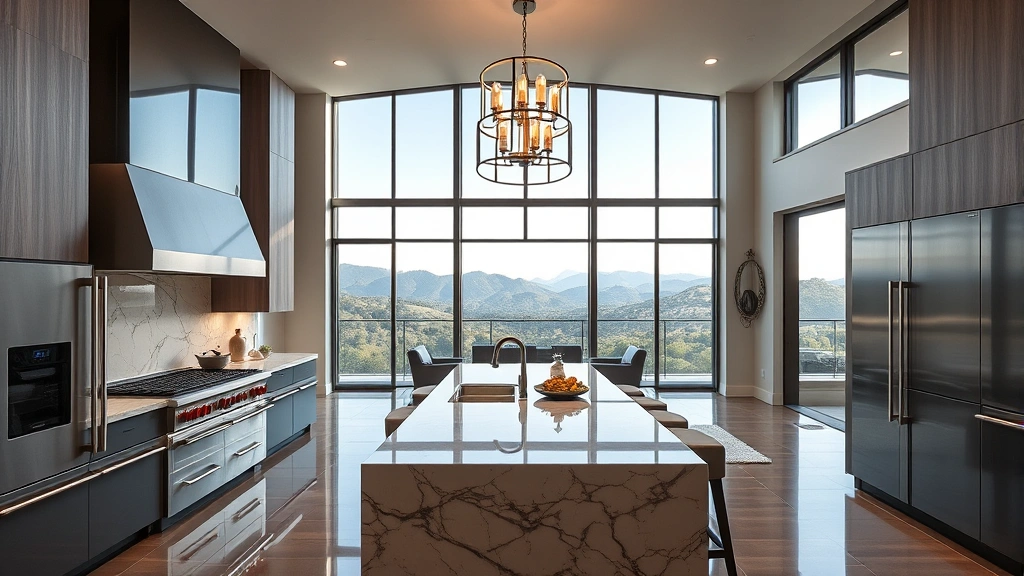 High-end contemporary home interior featuring marble kitchen island, professional-grade appliances, floor-to-ceiling windows with valley views, and modern chandelier
