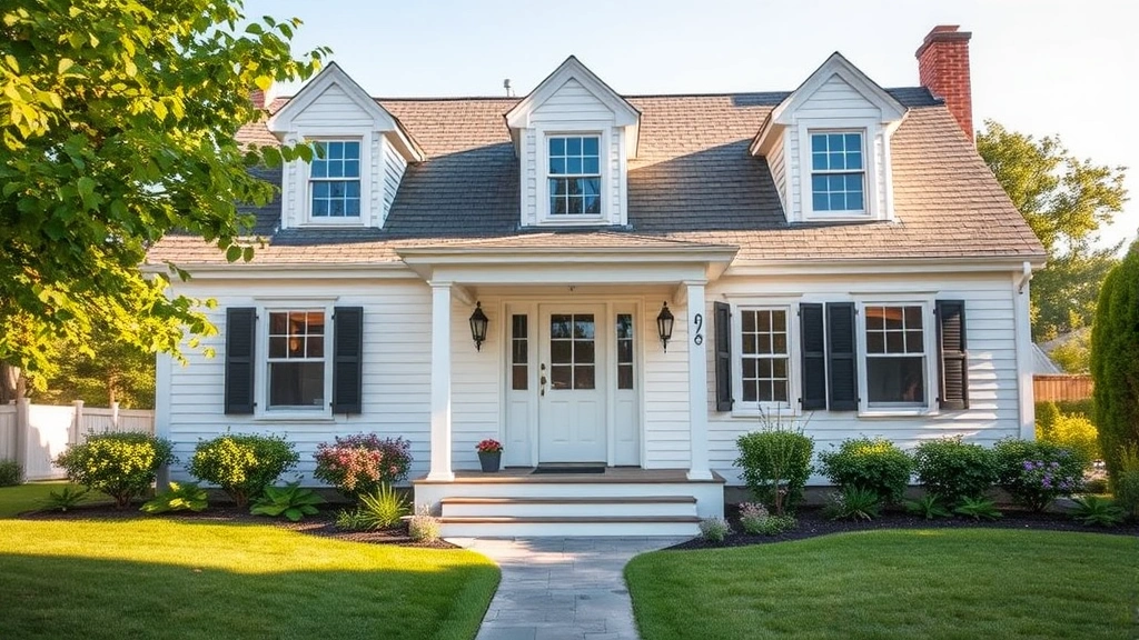 A charming Cape Cod style home with white exterior, traditional architecture, landscaped front yard, and morning sunlight. Real, photorealistic, no text or signage visible.