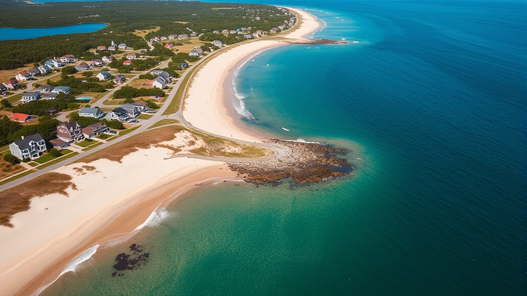 Aerial view of Cape Cod waterfront neighborhood showing multiple homes near sandy beaches and blue ocean water. Bright daylight, photorealistic coastal community scene.