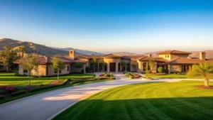 Luxurious modern Mediterranean estate in Calabasas with manicured gardens, rolling hills backdrop, pristine driveway, afternoon sunlight, high-end architecture