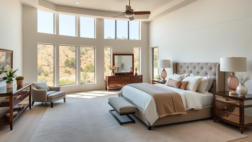 Spacious master bedroom suite with premium finishes, natural light from large windows, elegant furnishings, California hillside view through windows