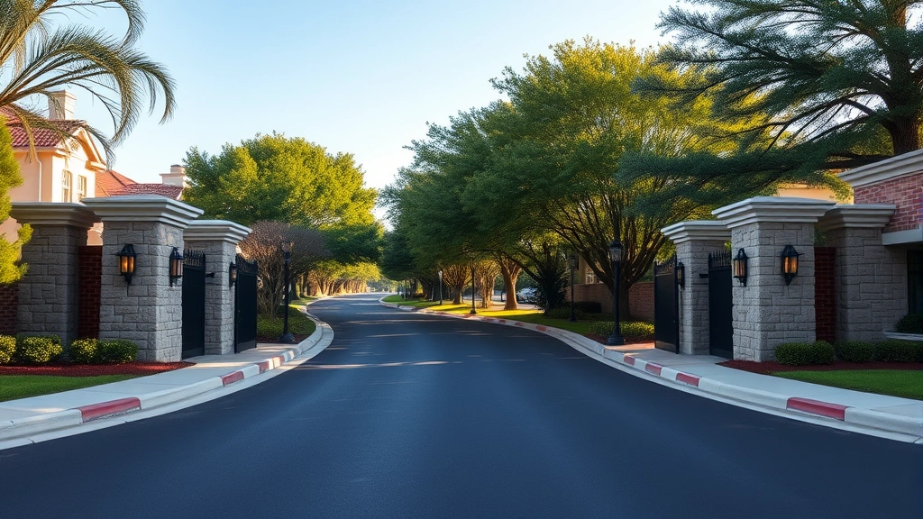Gated community entrance with stone pillars, tree-lined driveway, security features, upscale residential street, morning light, welcoming aesthetic