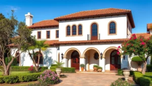 Elegant Spanish Colonial villa with clay tile roof, arched doorways, and whitewashed exterior walls surrounded by mature Mediterranean landscaping and flowering plants, coastal California setting