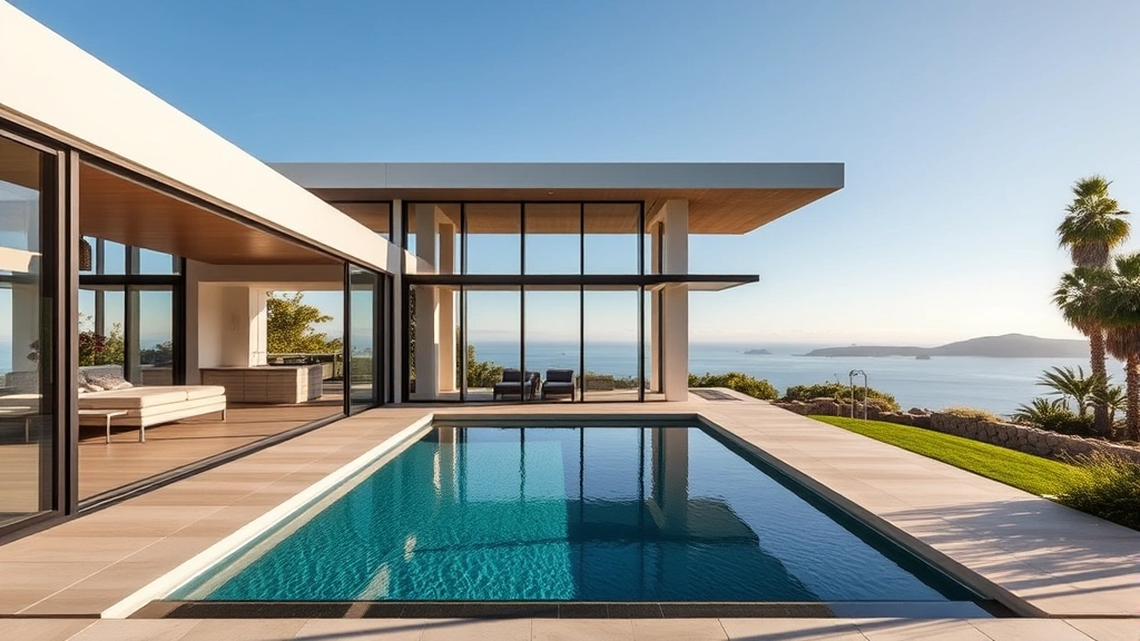 Modern luxury Santa Barbara home featuring floor-to-ceiling glass walls, minimalist design, resort-style pool overlooking distant ocean views, contemporary architecture with sustainable features