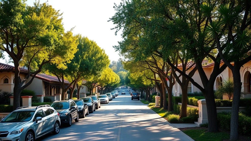 Charming tree-lined residential street in Santa Barbara with Mediterranean architecture homes, manicured gardens, parked cars, warm afternoon sunlight casting shadows on sidewalks