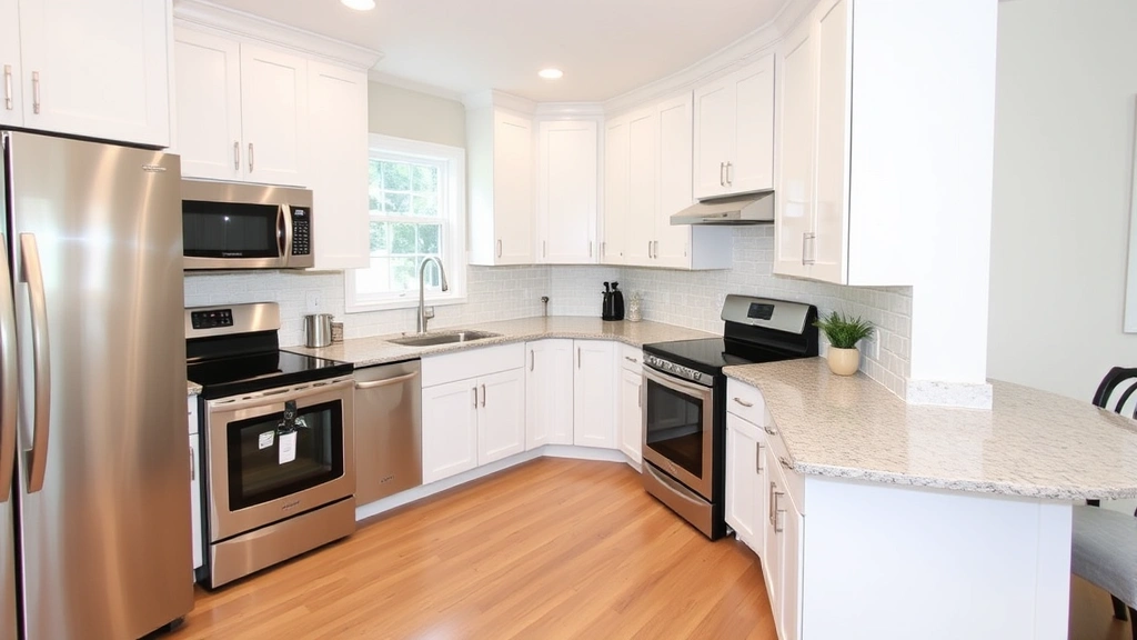 Modern updated kitchen with white cabinetry, stainless steel appliances, granite countertops, and hardwood flooring in suburban home