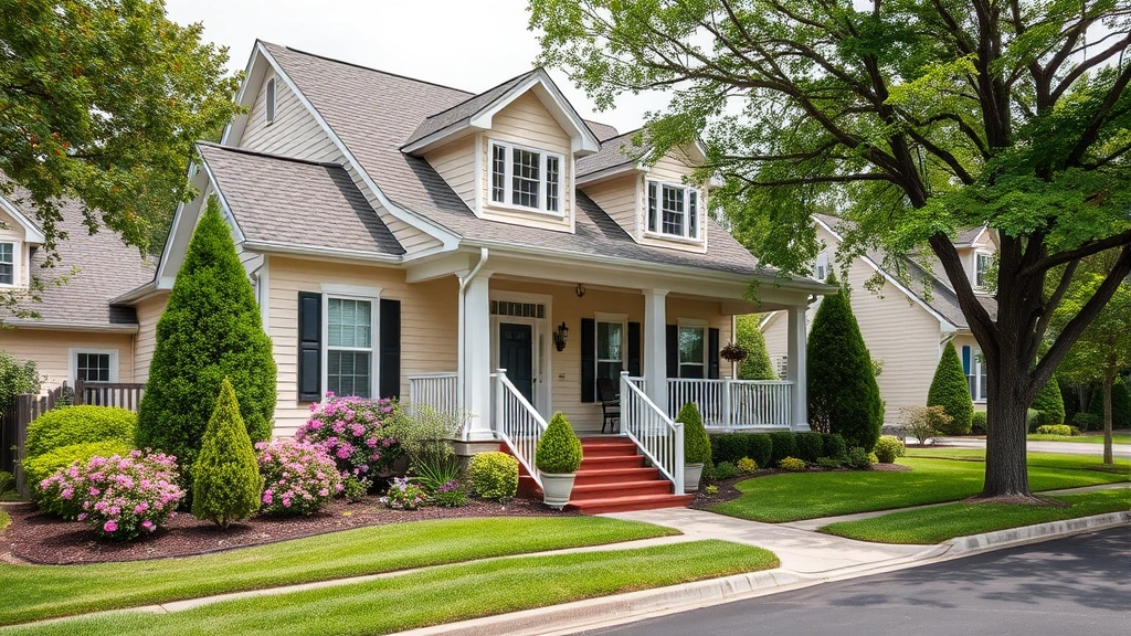 Beautiful suburban residential home exterior with manicured landscaping, flowering shrubs, welcoming front porch, and mature shade trees on quiet street