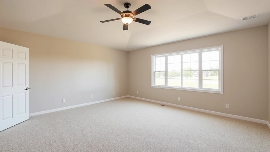 Bright spacious master bedroom with neutral paint, carpeting, large window with natural light, and modern ceiling fan in residential home
