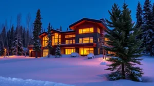 Modern Fairbanks residential home with snow-covered landscape, mature trees, and warm interior lighting visible through windows during winter dusk, showcasing Alaska architecture