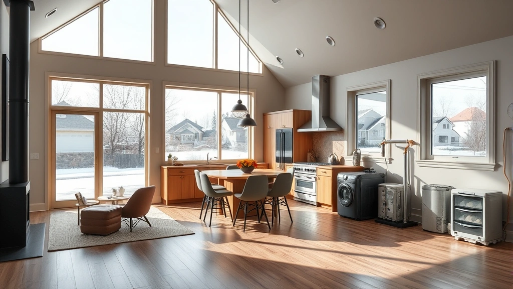 Spacious Fairbanks family home interior with open floor plan, contemporary kitchen, large windows overlooking residential neighborhood, and modern heating system components visible