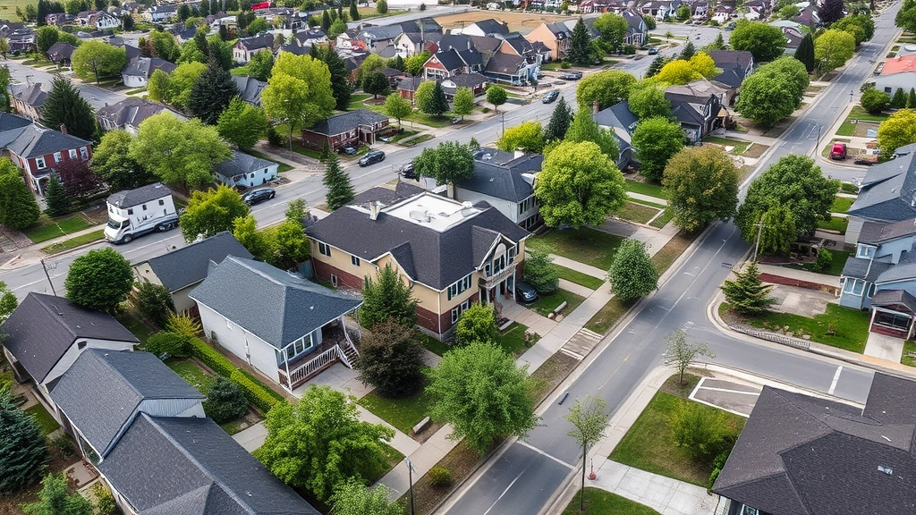 Elevated view of Fairbanks neighborhood with multiple residential properties, street trees, sidewalks, and community amenities, representing diverse housing options available
