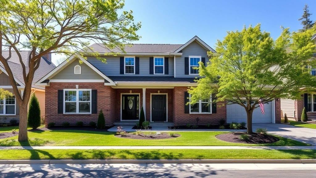 Modern three-bedroom home exterior with landscaped front yard, neutral paint colors, brick and siding facade, wide driveway, mature trees framing house, bright natural lighting, clear sunny day, suburban neighborhood setting