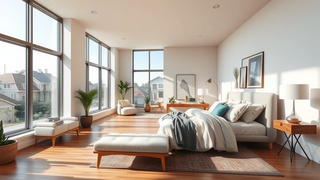 Spacious master bedroom with large windows, neutral bedding, wooden flooring, comfortable furniture arrangement, natural light streaming in, bright and airy atmosphere, modern bedroom design, cozy residential setting