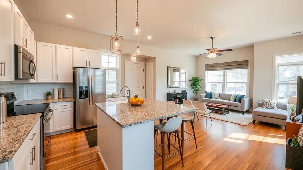 Open-concept kitchen and living area in 3-bedroom home, modern appliances, granite countertops, hardwood floors, comfortable seating area visible, bright natural lighting from windows, warm inviting atmosphere, contemporary interior design