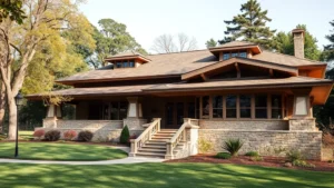 Exterior view of a Frank Lloyd Wright prairie-style home with horizontal lines, natural stone foundation, wide overhanging roof, and geometric casement windows overlooking manicured gardens and trees, daytime photography