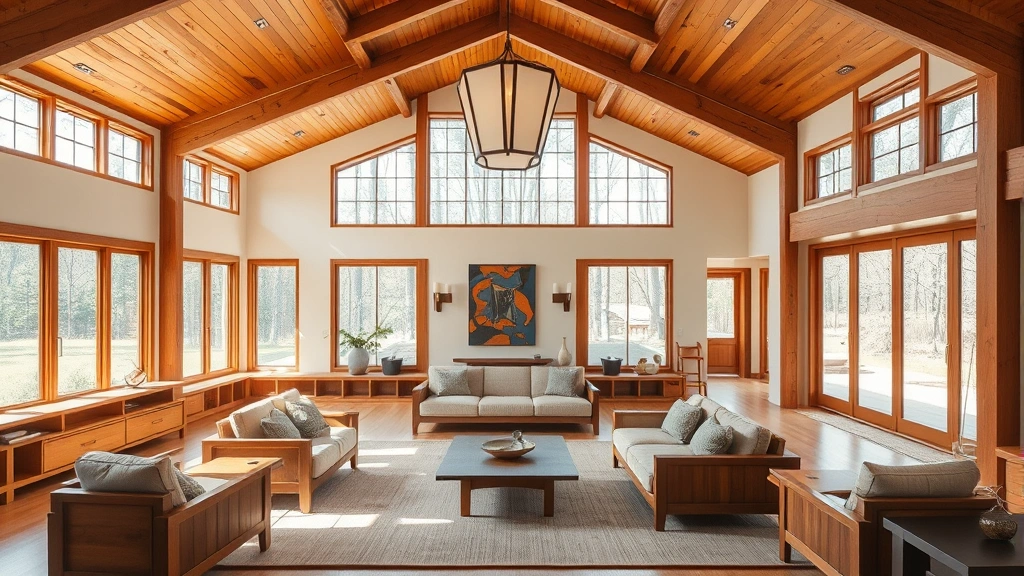 Interior shot of an open-concept living space in a Frank Lloyd Wright home featuring built-in wooden furniture, geometric light fixtures, natural wood beams, large windows with prairie-inspired patterns, and flowing room transitions