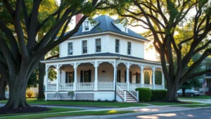 Charming historic Victorian home with white wraparound porch, mature oak trees, manicured lawn, Greeneville Tennessee setting, warm afternoon lighting, residential street