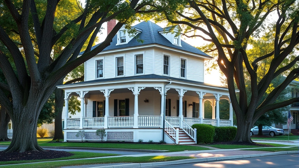 Charming historic Victorian home with white wraparound porch, mature oak trees, manicured lawn, Greeneville Tennessee setting, warm afternoon lighting, residential street