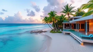 Tropical beachfront home in Guam with turquoise ocean views, white sand beach, palm trees swaying, modern architecture with ocean-facing deck, sunset lighting