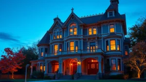 Elegant Victorian mansion exterior at dusk with warm lighting from windows, autumn foliage, well-maintained facade, inviting architectural details, photorealistic professional photography