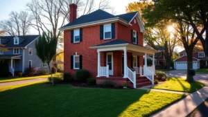 Charming two-story brick home with white trim and front porch, well-maintained lawn, driveway, afternoon sunlight, residential neighborhood street