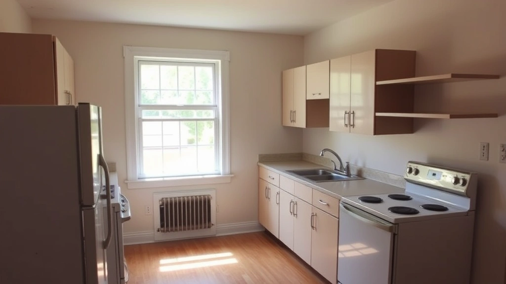 Interior of modest kitchen with updated appliances, clean countertops, natural light from window, hardwood floors visible, ready for occupancy