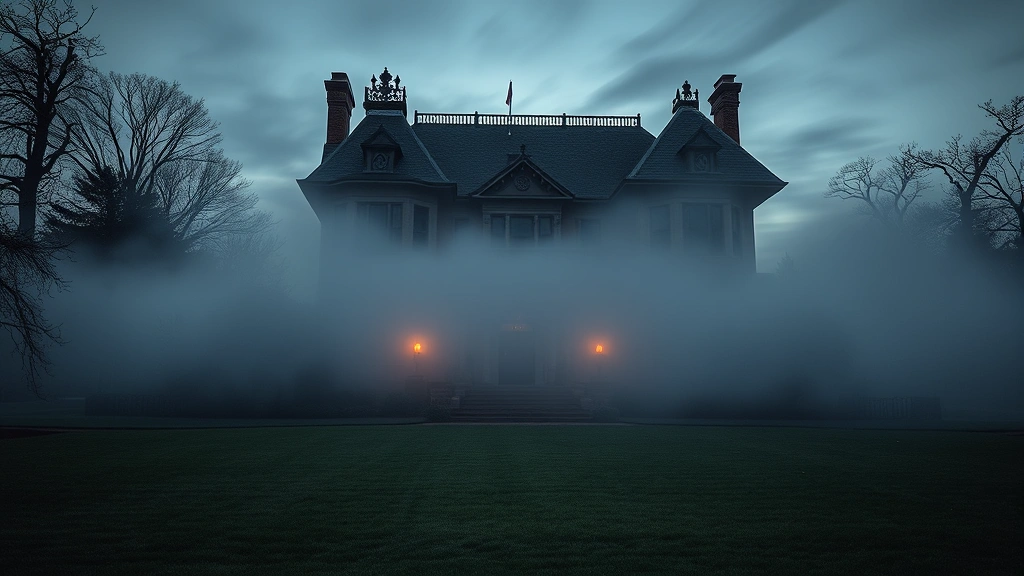 Historic Victorian mansion exterior at dusk with fog rolling across manicured front lawn, ornate architecture visible, moody atmospheric lighting but no paranormal effects