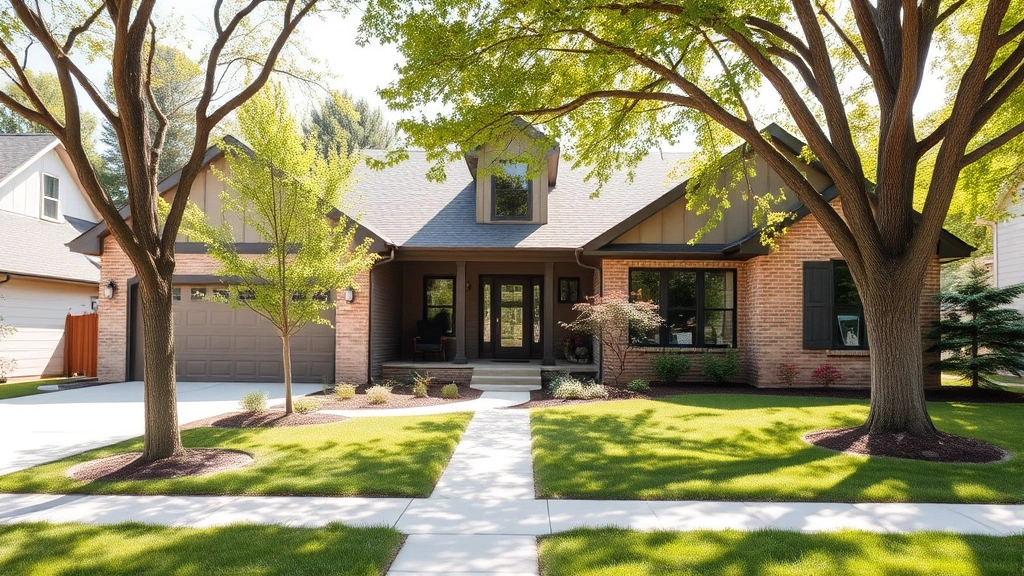 Modern suburban home in Brooklyn Park Minnesota with manicured lawn, mature trees, and welcoming front entrance, natural daylight, residential neighborhood setting
