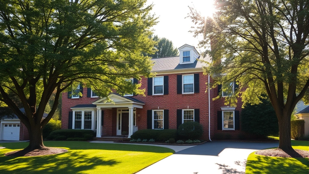 Suburban Edison New Jersey colonial home with mature trees, well-maintained brick exterior, manicured front lawn, white trim, driveway, morning sunlight