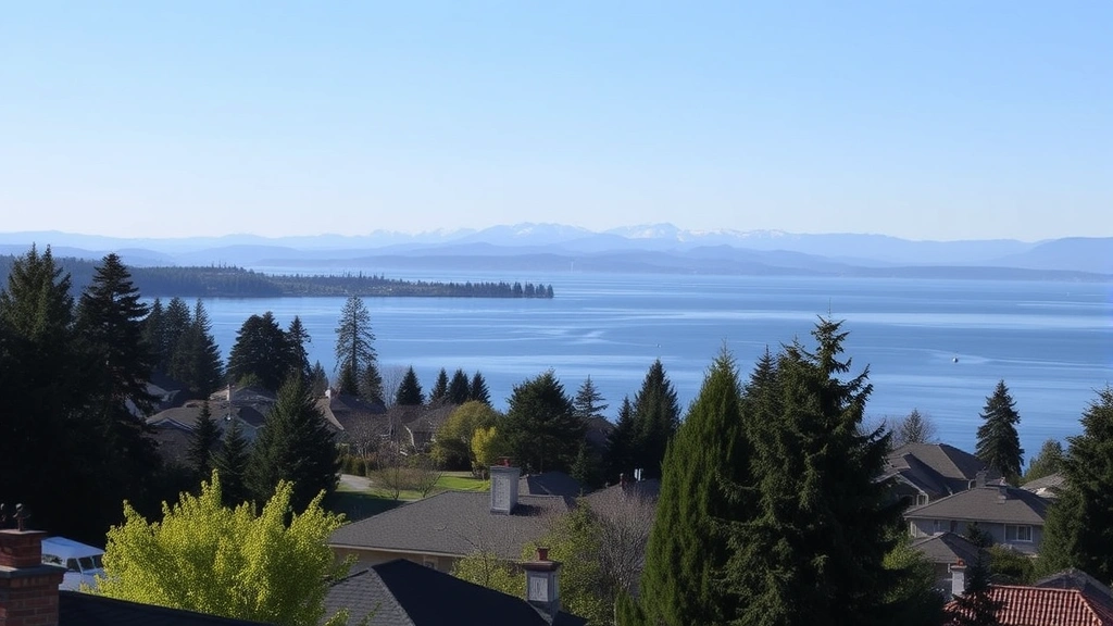 Waterfront view of Puget Sound from residential property in Federal Way with Olympic Mountains in distance, clear day, waterfront homes visible