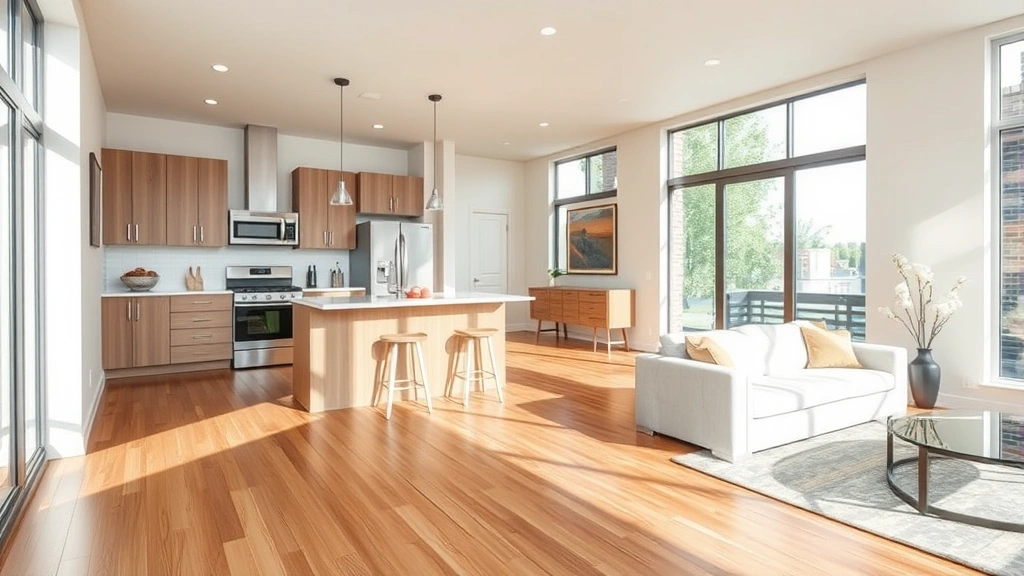 Contemporary kitchen and living room interior with hardwood floors, natural light, modern appliances, staged for real estate showing