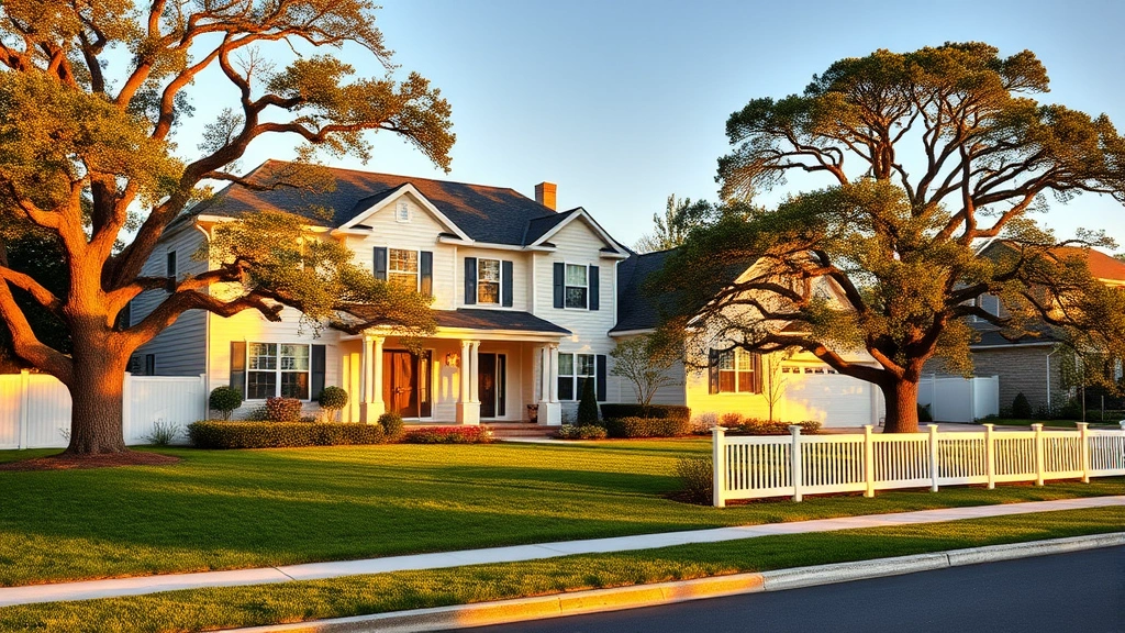 Modern suburban home with manicured lawn, white fence, and established oak trees in upscale Long Island neighborhood, golden hour sunlight on architecture