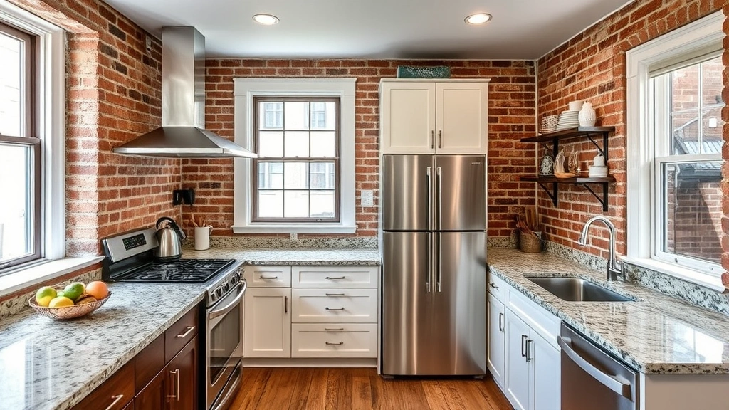 Modern kitchen renovation in a historic Lowell home featuring stainless steel appliances, granite countertops, and original exposed brick walls
