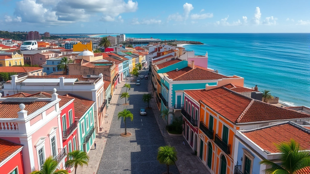 Aerial view of colorful colonial architecture in Old San Juan with historic cobblestone streets and vibrant pastel buildings overlooking the Caribbean Sea