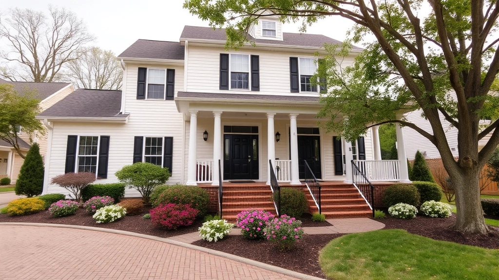 Beautiful two-story residential home with cream siding, dark shutters, welcoming front porch with columns, manicured landscaping with flowering shrubs and mature trees, brick driveway, suburban neighborhood setting