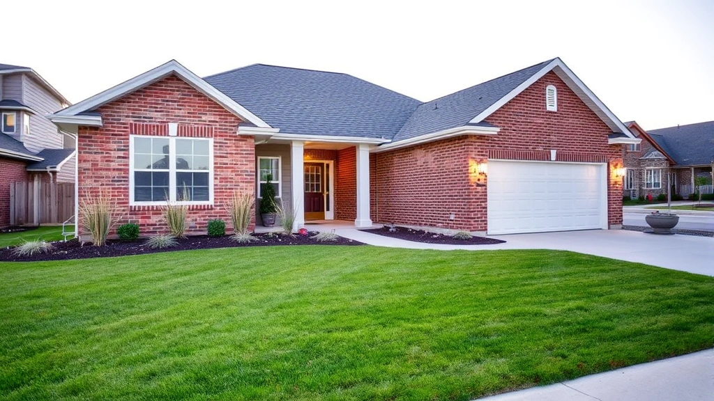 Modern suburban home with manicured lawn, brick exterior, attached garage, contemporary landscaping with ornamental grasses, white trim, attractive entry lighting, residential street background