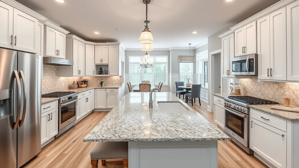 Spacious kitchen with granite countertops, stainless steel appliances, large island with seating, white cabinetry, pendant lighting, open concept to dining area, contemporary home interior