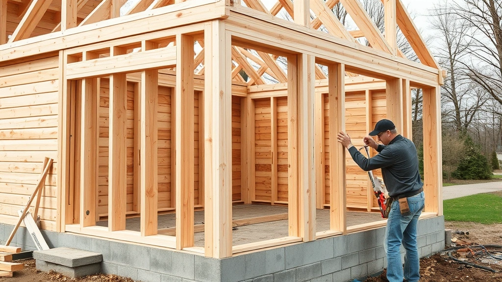 Professional builder assembling wooden wall frame from kit components on residential foundation, showing precision joinery and proper fastening techniques in progress