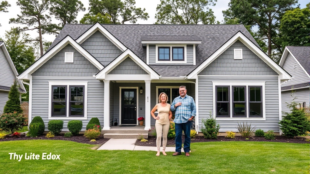 Completed kit home exterior with finished siding and landscaping, modern design with large windows, homeowners standing in front showcasing pride of ownership