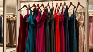 Luxury designer dresses in jewel tones and metallics hanging on velvet hangers in an upscale boutique with soft lighting, showcasing body-conscious silhouettes and elegant fabrics