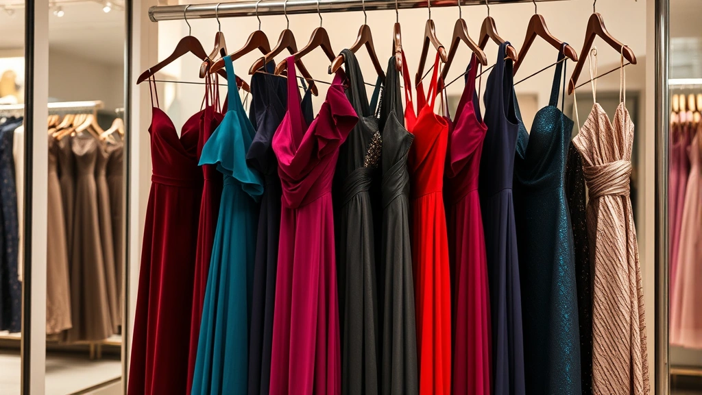Luxury designer dresses in jewel tones and metallics hanging on velvet hangers in an upscale boutique with soft lighting, showcasing body-conscious silhouettes and elegant fabrics