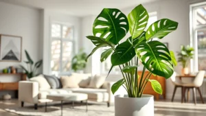 Bright living room with large Monstera plant in white ceramic pot next to comfortable sofa, natural sunlight streaming through windows, modern home interior design