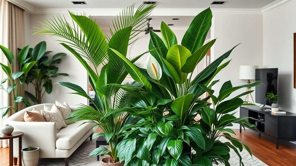 Lush indoor plant arrangement in upscale living space, featuring areca palm, peace lily, and rubber plant creating layered greenery, professional home staging setup