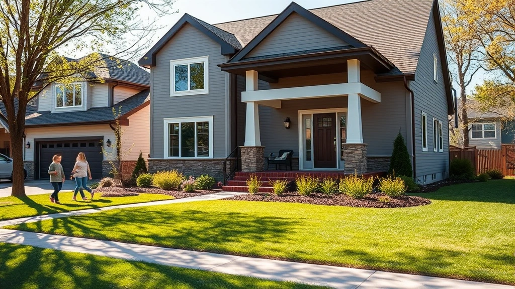 Modern suburban home with manicured lawn and welcoming front porch in Appleton Wisconsin neighborhood, bright daylight, families walking nearby