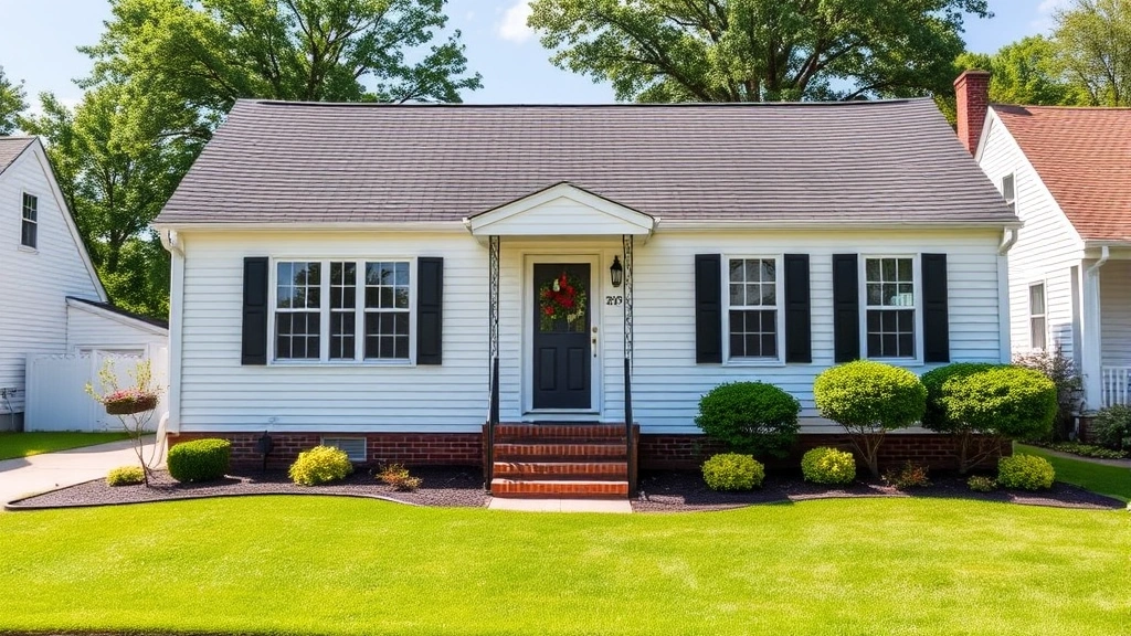Charming single-family home with white siding, black shutters, and manicured lawn, suburban neighborhood setting, bright daylight, welcoming front entrance with landscaping